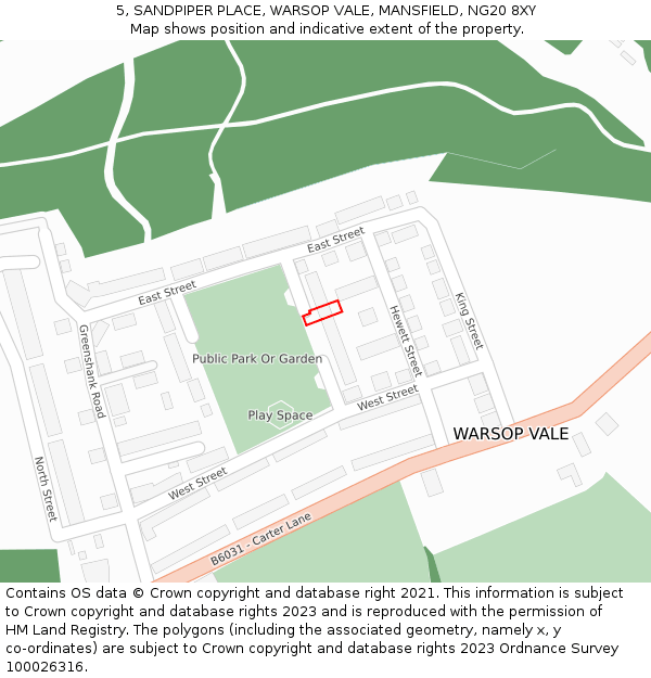 5, SANDPIPER PLACE, WARSOP VALE, MANSFIELD, NG20 8XY: Location map and indicative extent of plot