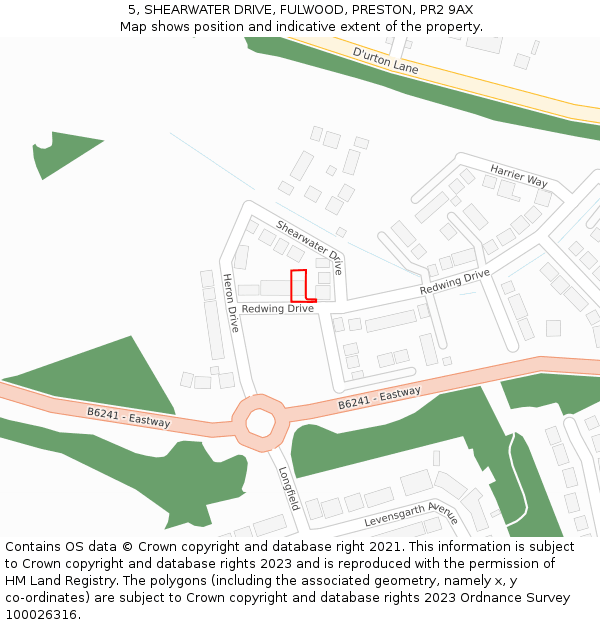 5, SHEARWATER DRIVE, FULWOOD, PRESTON, PR2 9AX: Location map and indicative extent of plot