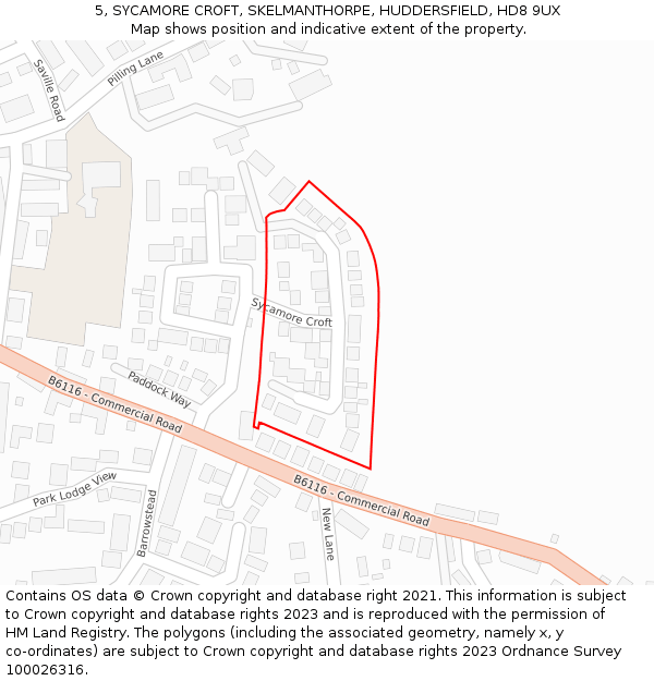 5, SYCAMORE CROFT, SKELMANTHORPE, HUDDERSFIELD, HD8 9UX: Location map and indicative extent of plot