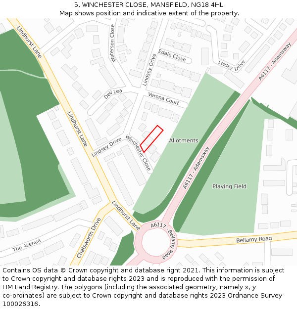 5, WINCHESTER CLOSE, MANSFIELD, NG18 4HL: Location map and indicative extent of plot