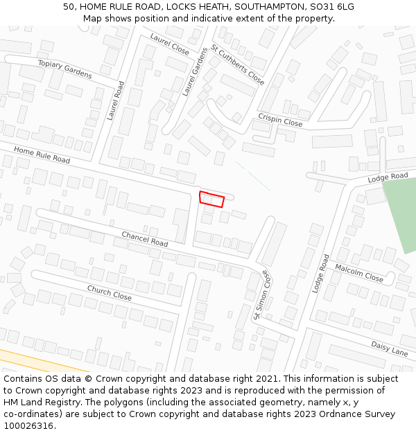 50, HOME RULE ROAD, LOCKS HEATH, SOUTHAMPTON, SO31 6LG: Location map and indicative extent of plot