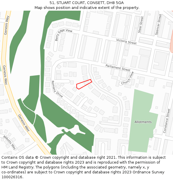 51, STUART COURT, CONSETT, DH8 5GA: Location map and indicative extent of plot