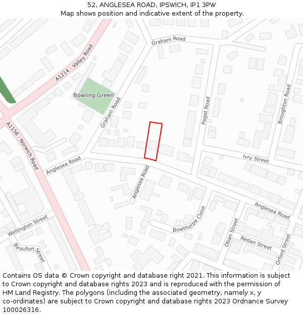 52, ANGLESEA ROAD, IPSWICH, IP1 3PW: Location map and indicative extent of plot