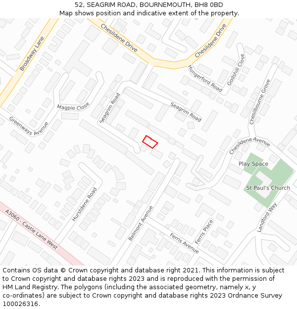 52, SEAGRIM ROAD, BOURNEMOUTH, BH8 0BD: Location map and indicative extent of plot