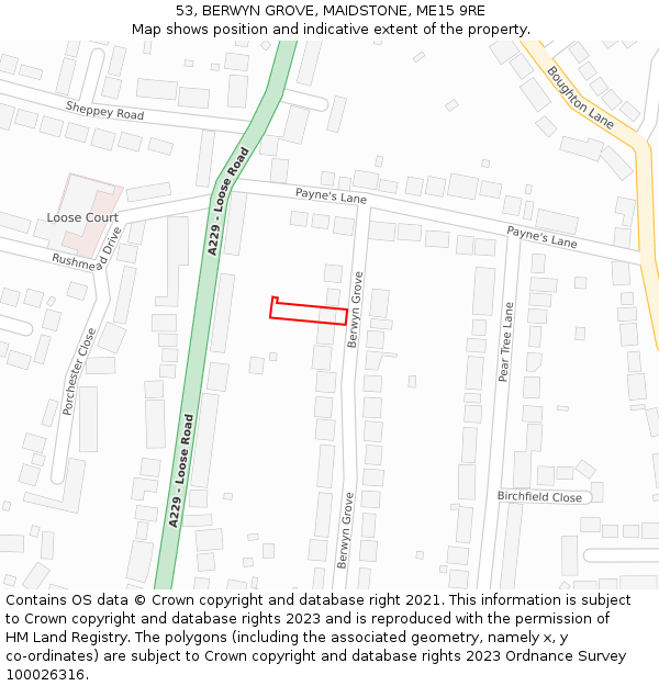 53, BERWYN GROVE, MAIDSTONE, ME15 9RE: Location map and indicative extent of plot