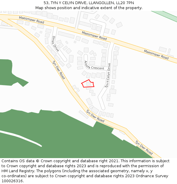 53, TYN Y CELYN DRIVE, LLANGOLLEN, LL20 7PN: Location map and indicative extent of plot