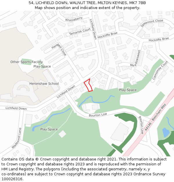 54, LICHFIELD DOWN, WALNUT TREE, MILTON KEYNES, MK7 7BB: Location map and indicative extent of plot