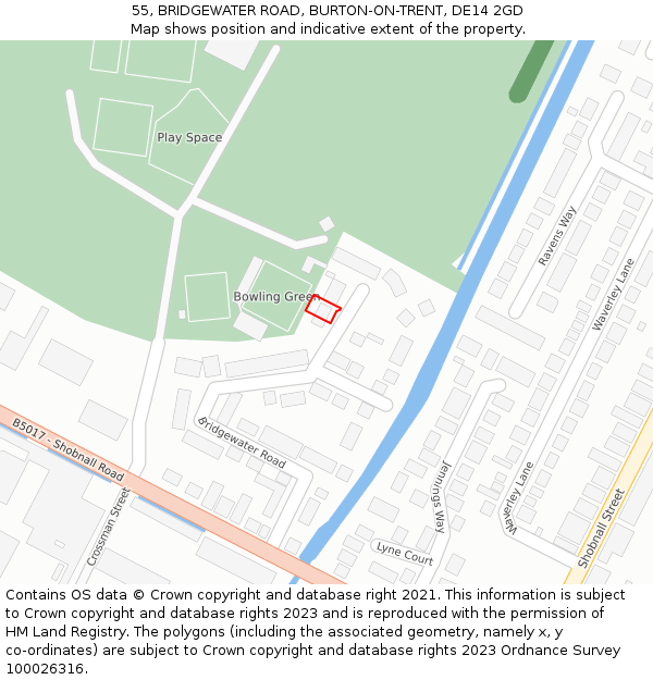 55, BRIDGEWATER ROAD, BURTON-ON-TRENT, DE14 2GD: Location map and indicative extent of plot