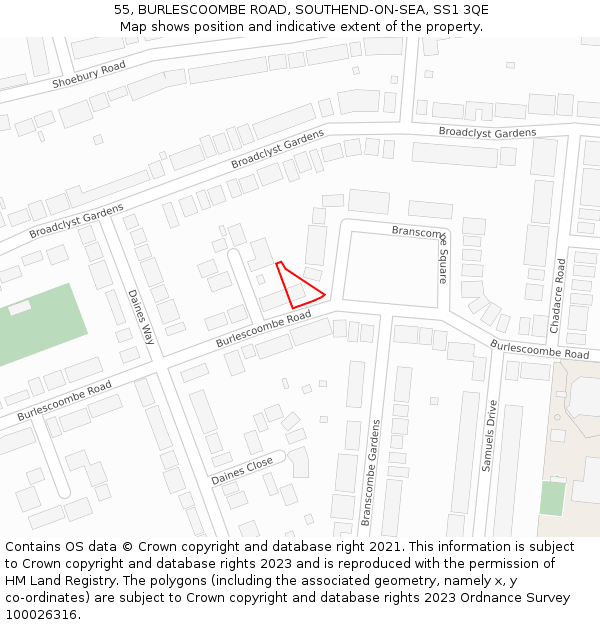 55, BURLESCOOMBE ROAD, SOUTHEND-ON-SEA, SS1 3QE: Location map and indicative extent of plot