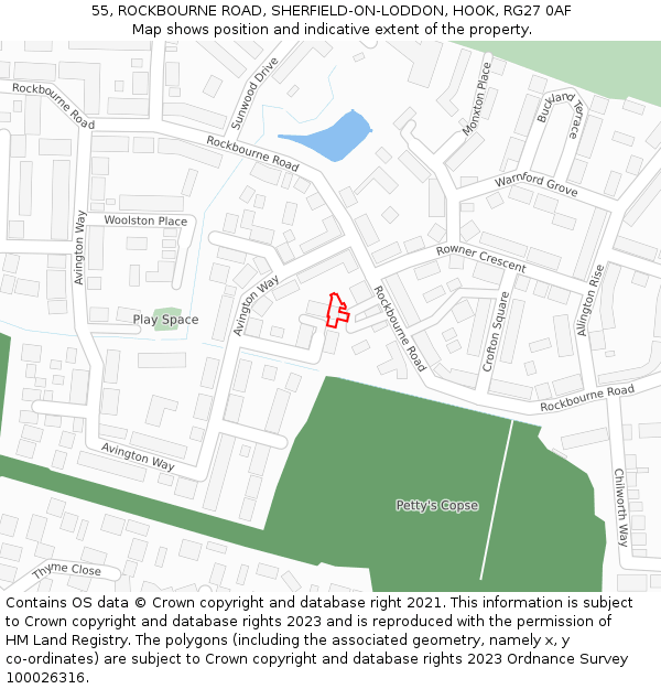 55, ROCKBOURNE ROAD, SHERFIELD-ON-LODDON, HOOK, RG27 0AF: Location map and indicative extent of plot