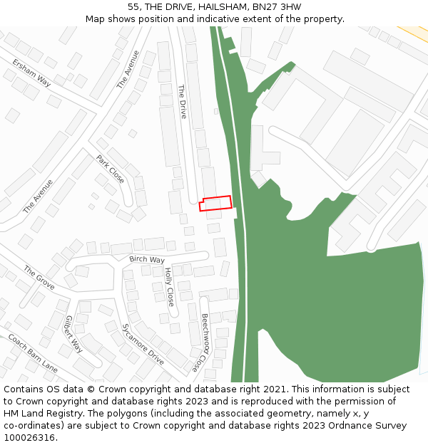 55, THE DRIVE, HAILSHAM, BN27 3HW: Location map and indicative extent of plot