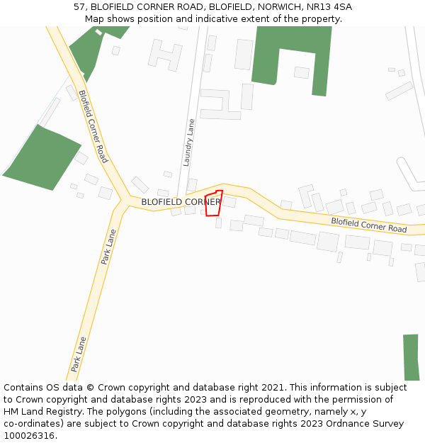 57, BLOFIELD CORNER ROAD, BLOFIELD, NORWICH, NR13 4SA: Location map and indicative extent of plot