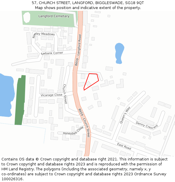 57, CHURCH STREET, LANGFORD, BIGGLESWADE, SG18 9QT: Location map and indicative extent of plot