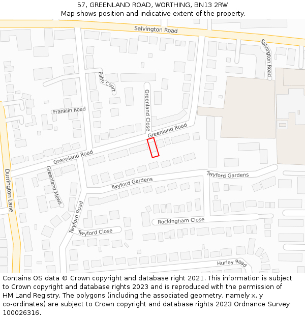 57, GREENLAND ROAD, WORTHING, BN13 2RW: Location map and indicative extent of plot