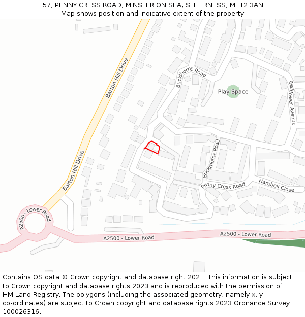 57, PENNY CRESS ROAD, MINSTER ON SEA, SHEERNESS, ME12 3AN: Location map and indicative extent of plot