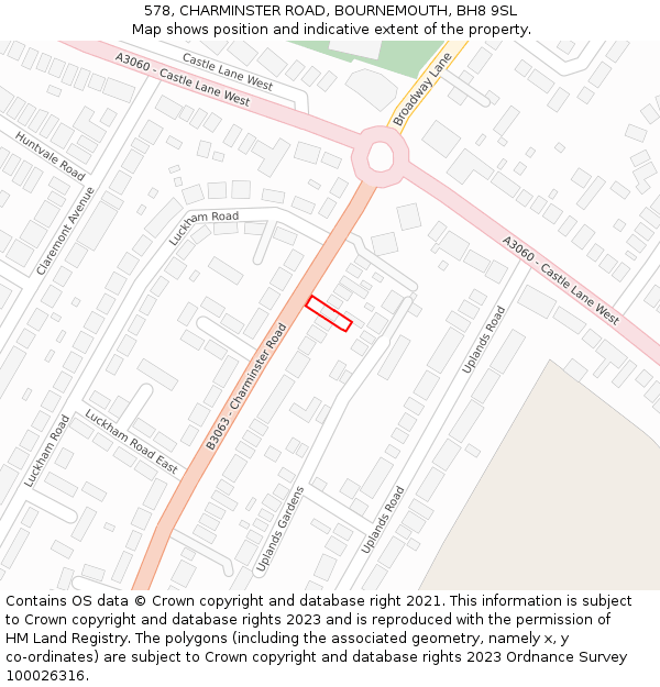 578, CHARMINSTER ROAD, BOURNEMOUTH, BH8 9SL: Location map and indicative extent of plot