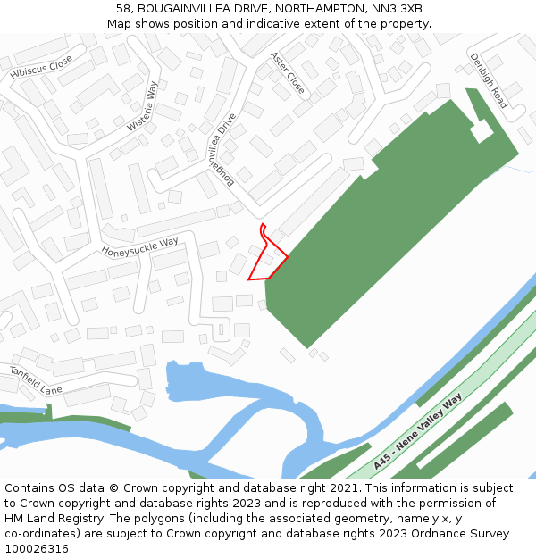 58, BOUGAINVILLEA DRIVE, NORTHAMPTON, NN3 3XB: Location map and indicative extent of plot