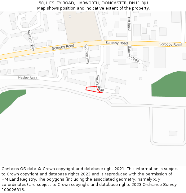 58, HESLEY ROAD, HARWORTH, DONCASTER, DN11 8JU: Location map and indicative extent of plot