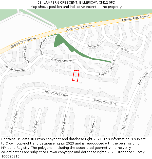 58, LAMPERN CRESCENT, BILLERICAY, CM12 0FD: Location map and indicative extent of plot