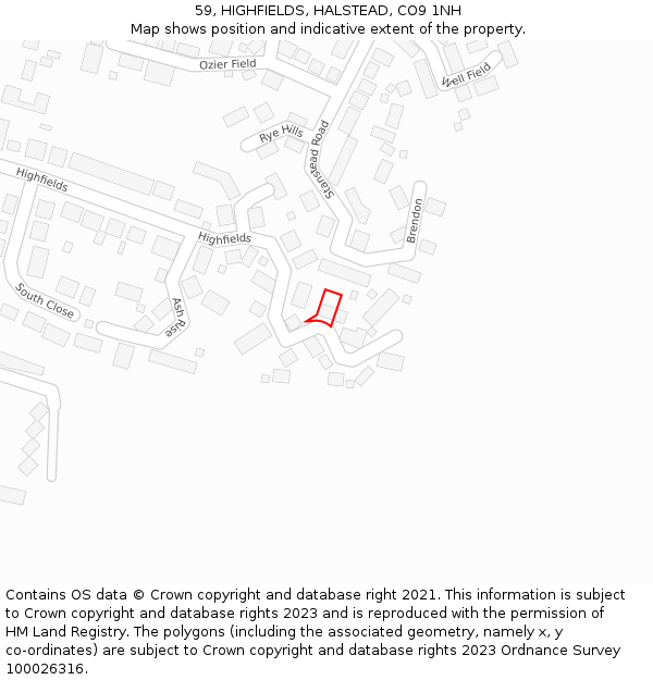 59, HIGHFIELDS, HALSTEAD, CO9 1NH: Location map and indicative extent of plot