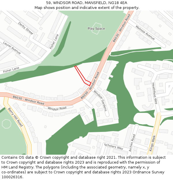 59, WINDSOR ROAD, MANSFIELD, NG18 4EA: Location map and indicative extent of plot