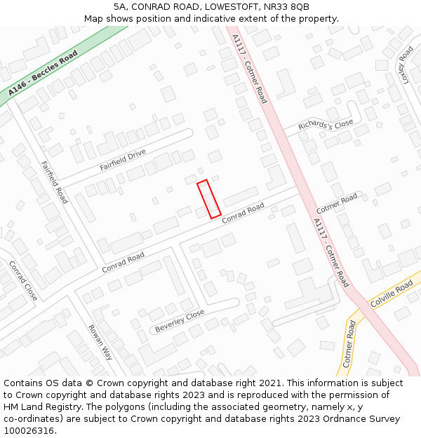 5A, CONRAD ROAD, LOWESTOFT, NR33 8QB: Location map and indicative extent of plot