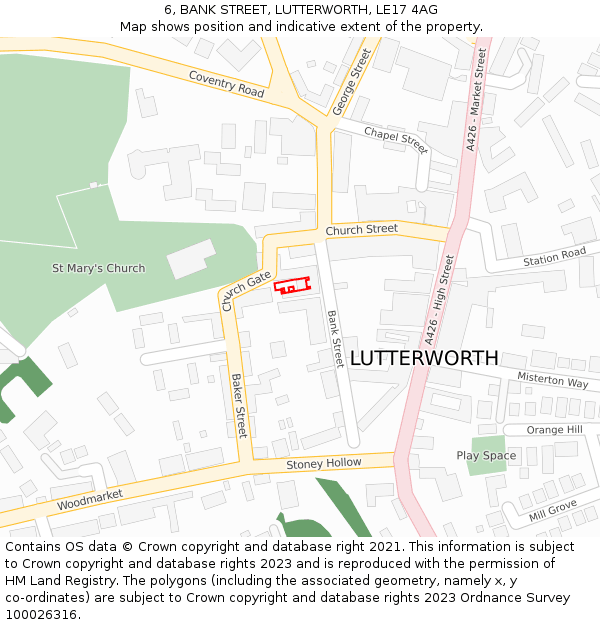 6, BANK STREET, LUTTERWORTH, LE17 4AG: Location map and indicative extent of plot