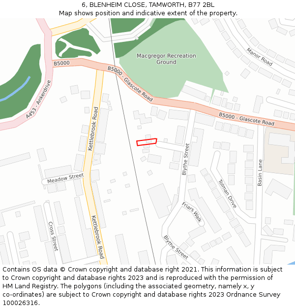 6, BLENHEIM CLOSE, TAMWORTH, B77 2BL: Location map and indicative extent of plot