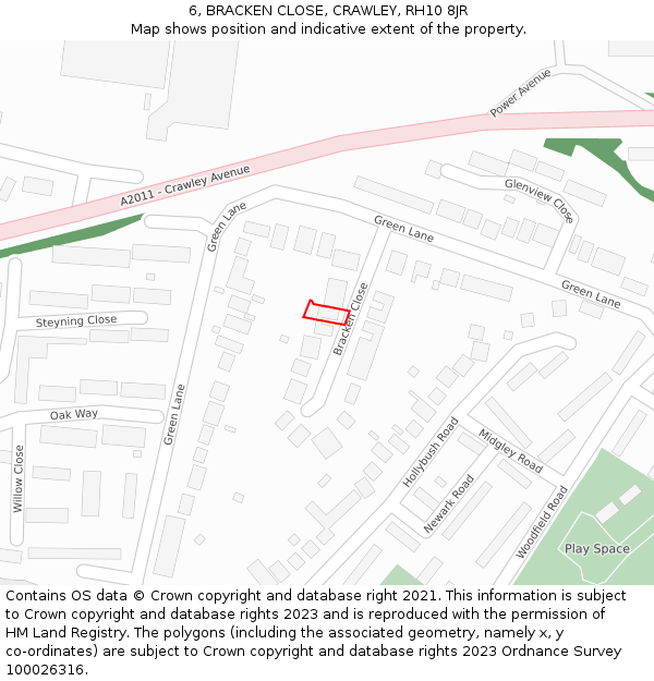 6, BRACKEN CLOSE, CRAWLEY, RH10 8JR: Location map and indicative extent of plot