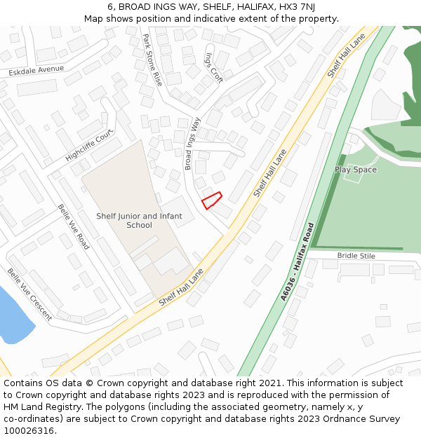 6, BROAD INGS WAY, SHELF, HALIFAX, HX3 7NJ: Location map and indicative extent of plot