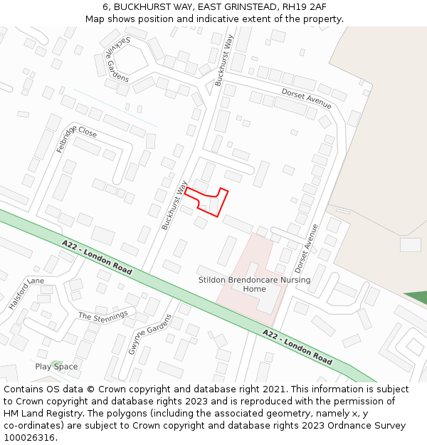 6, BUCKHURST WAY, EAST GRINSTEAD, RH19 2AF: Location map and indicative extent of plot