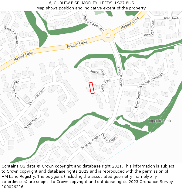 6, CURLEW RISE, MORLEY, LEEDS, LS27 8US: Location map and indicative extent of plot