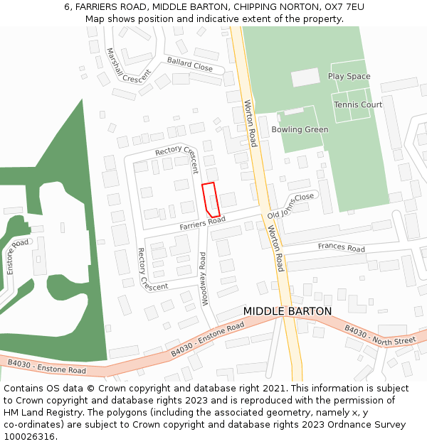 6, FARRIERS ROAD, MIDDLE BARTON, CHIPPING NORTON, OX7 7EU: Location map and indicative extent of plot