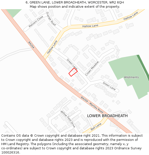 6, GREEN LANE, LOWER BROADHEATH, WORCESTER, WR2 6QH: Location map and indicative extent of plot