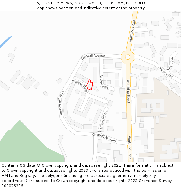 6, HUNTLEY MEWS, SOUTHWATER, HORSHAM, RH13 9FD: Location map and indicative extent of plot