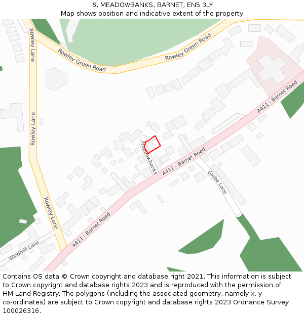 6, MEADOWBANKS, BARNET, EN5 3LY: Location map and indicative extent of plot