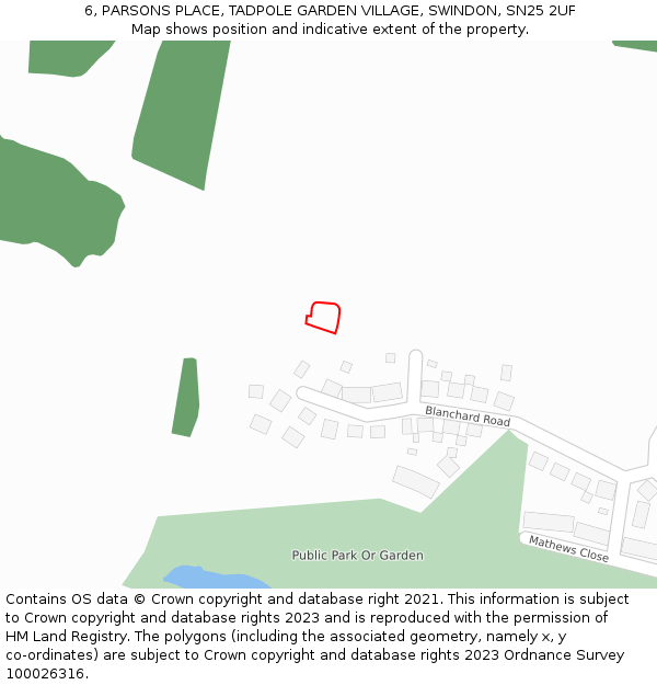 6, PARSONS PLACE, TADPOLE GARDEN VILLAGE, SWINDON, SN25 2UF: Location map and indicative extent of plot