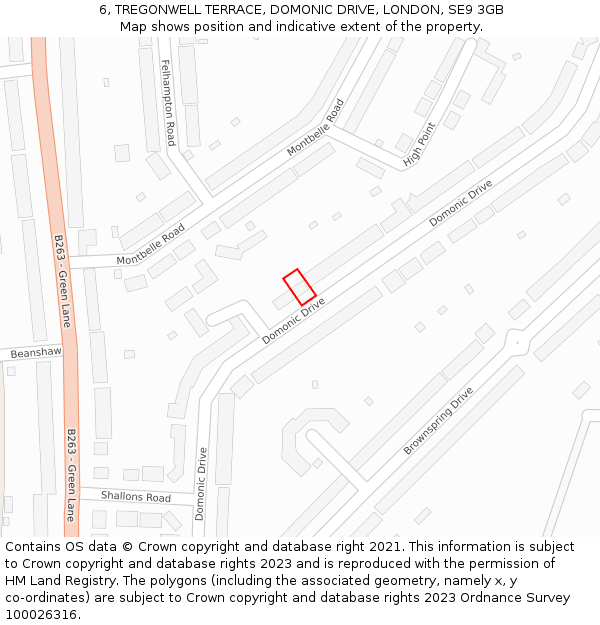 6, TREGONWELL TERRACE, DOMONIC DRIVE, LONDON, SE9 3GB: Location map and indicative extent of plot