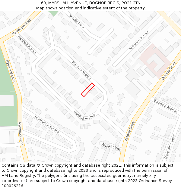 60, MARSHALL AVENUE, BOGNOR REGIS, PO21 2TN: Location map and indicative extent of plot