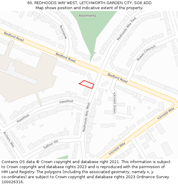 60, REDHOODS WAY WEST, LETCHWORTH GARDEN CITY, SG6 4DD: Location map and indicative extent of plot