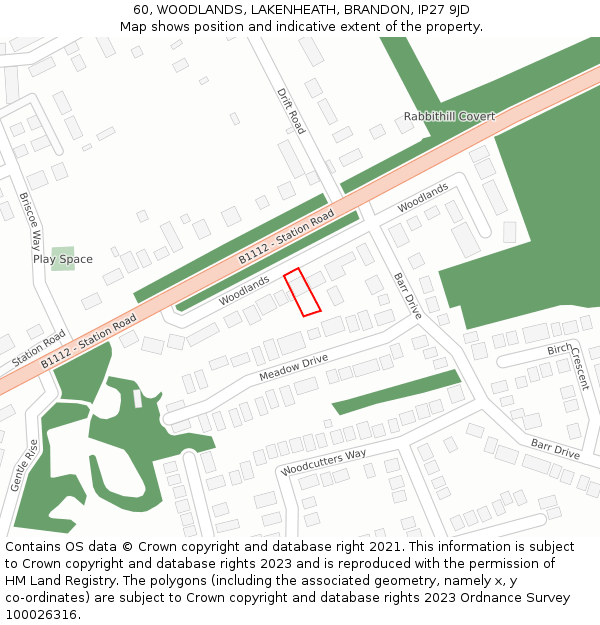 60, WOODLANDS, LAKENHEATH, BRANDON, IP27 9JD: Location map and indicative extent of plot