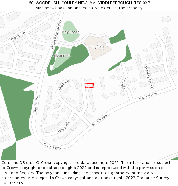 60, WOODRUSH, COULBY NEWHAM, MIDDLESBROUGH, TS8 0XB: Location map and indicative extent of plot