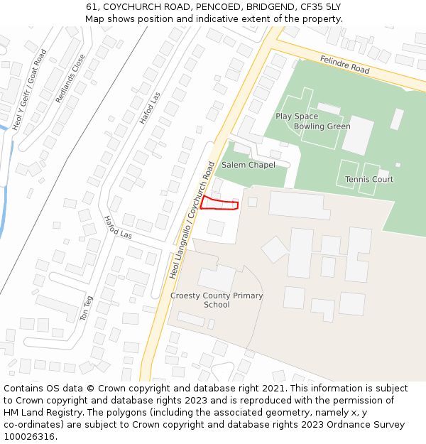 61, COYCHURCH ROAD, PENCOED, BRIDGEND, CF35 5LY: Location map and indicative extent of plot