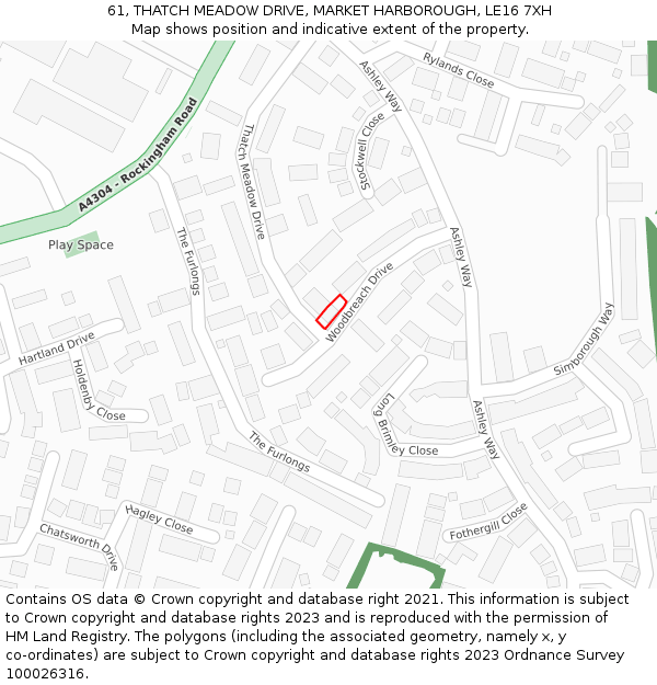 61, THATCH MEADOW DRIVE, MARKET HARBOROUGH, LE16 7XH: Location map and indicative extent of plot