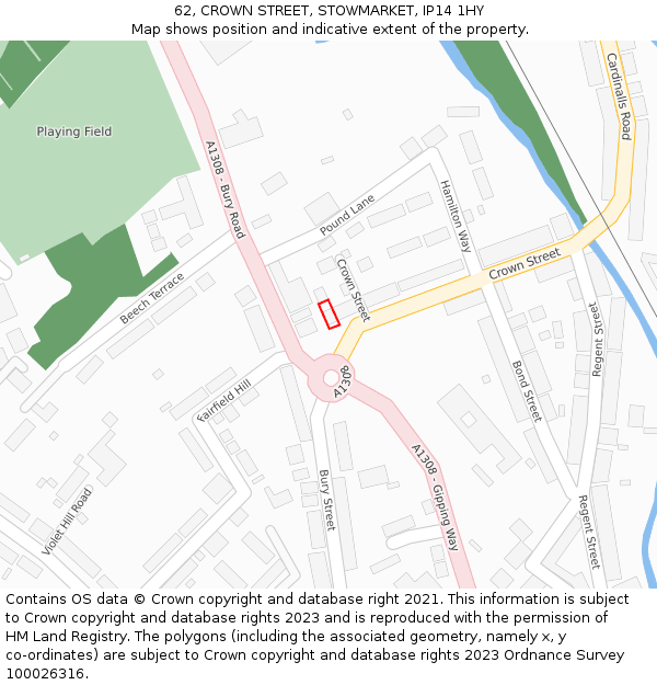 62, CROWN STREET, STOWMARKET, IP14 1HY: Location map and indicative extent of plot