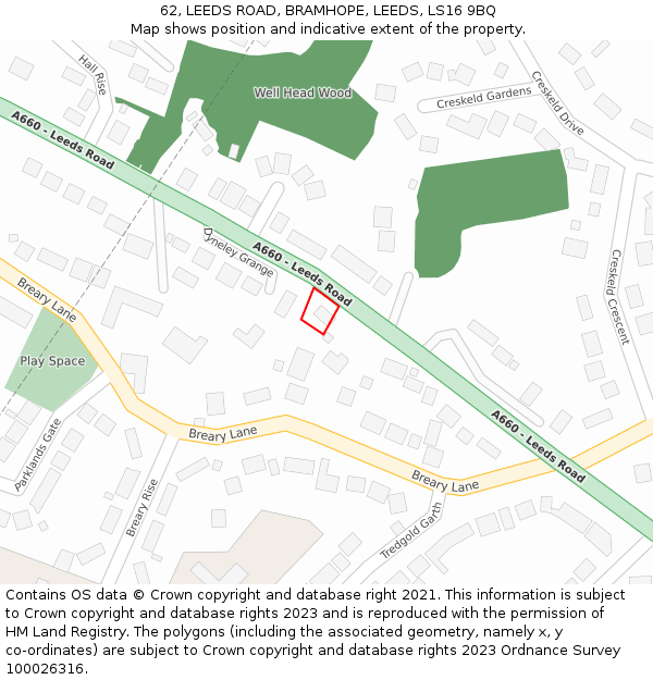 62, LEEDS ROAD, BRAMHOPE, LEEDS, LS16 9BQ: Location map and indicative extent of plot