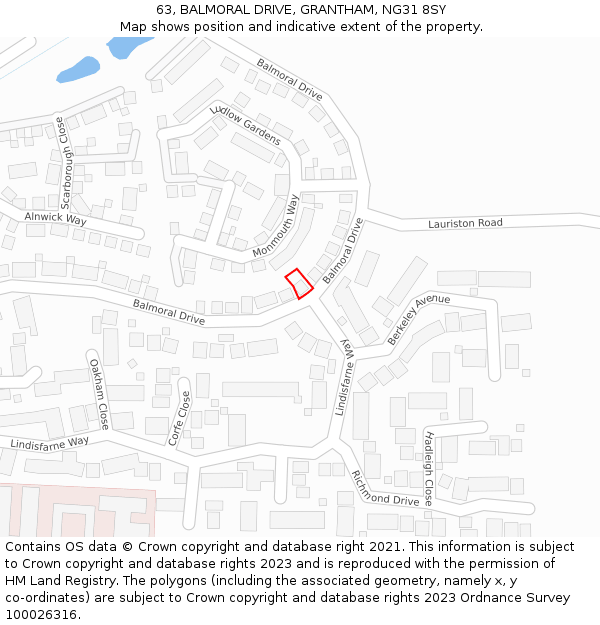 63, BALMORAL DRIVE, GRANTHAM, NG31 8SY: Location map and indicative extent of plot