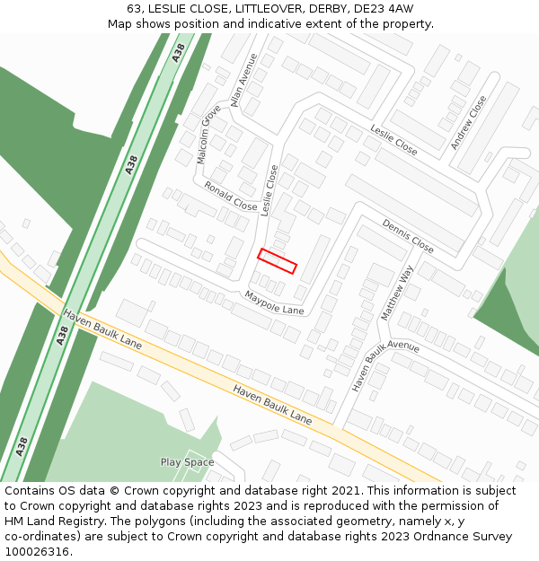 63, LESLIE CLOSE, LITTLEOVER, DERBY, DE23 4AW: Location map and indicative extent of plot