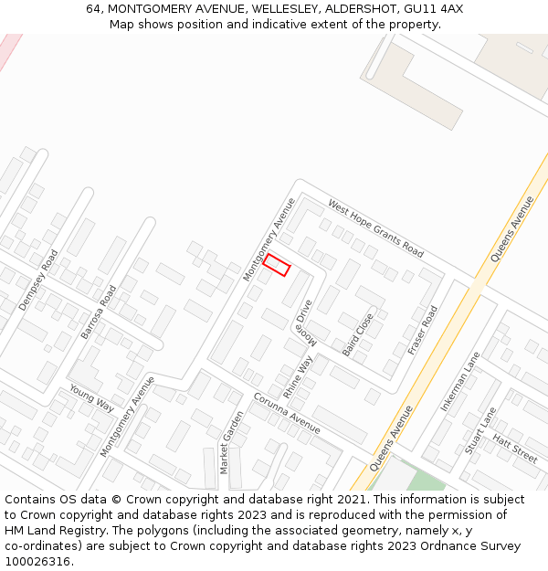 64, MONTGOMERY AVENUE, WELLESLEY, ALDERSHOT, GU11 4AX: Location map and indicative extent of plot