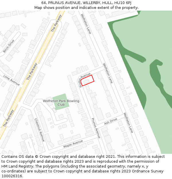 64, PRUNUS AVENUE, WILLERBY, HULL, HU10 6PJ: Location map and indicative extent of plot